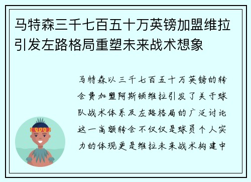 马特森三千七百五十万英镑加盟维拉引发左路格局重塑未来战术想象 马特森三千七百五十万英镑加盟维拉引发左路格局重塑未来战术想象